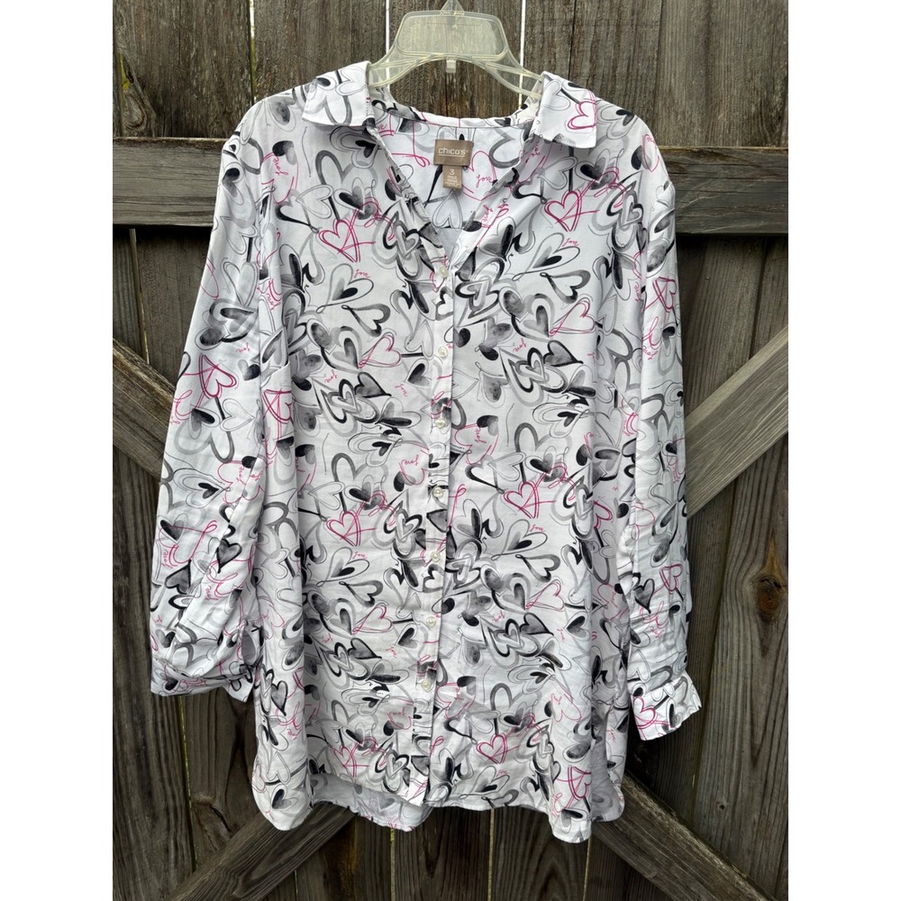 Chicos Heart Love Print Button Down Shirt Pink Black White Long Sleeve Size 3